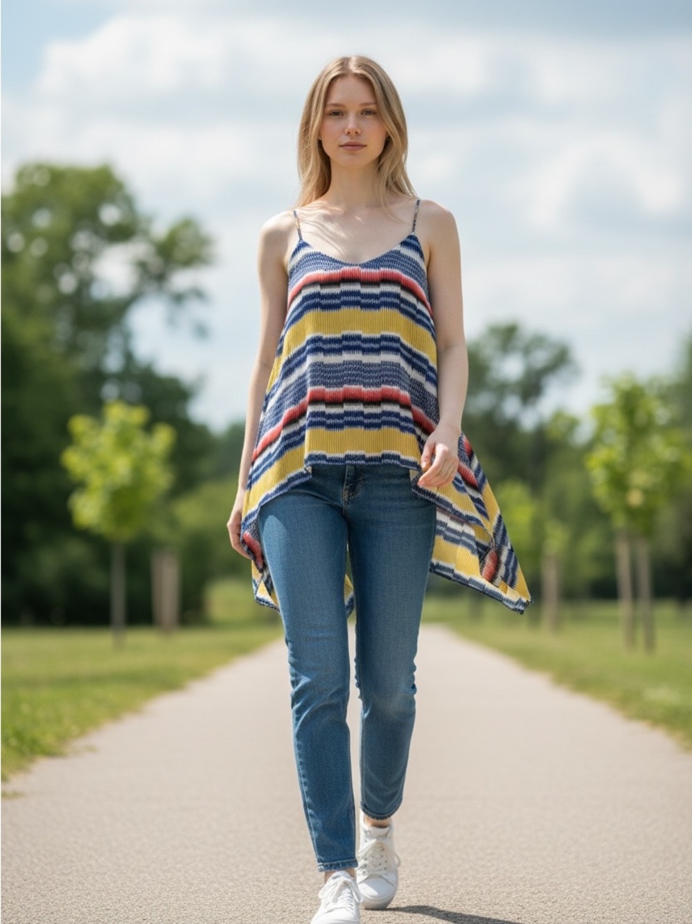 Vince Camuto Striped Handkerchief-Hem Cami in Yellow, Blue & Red